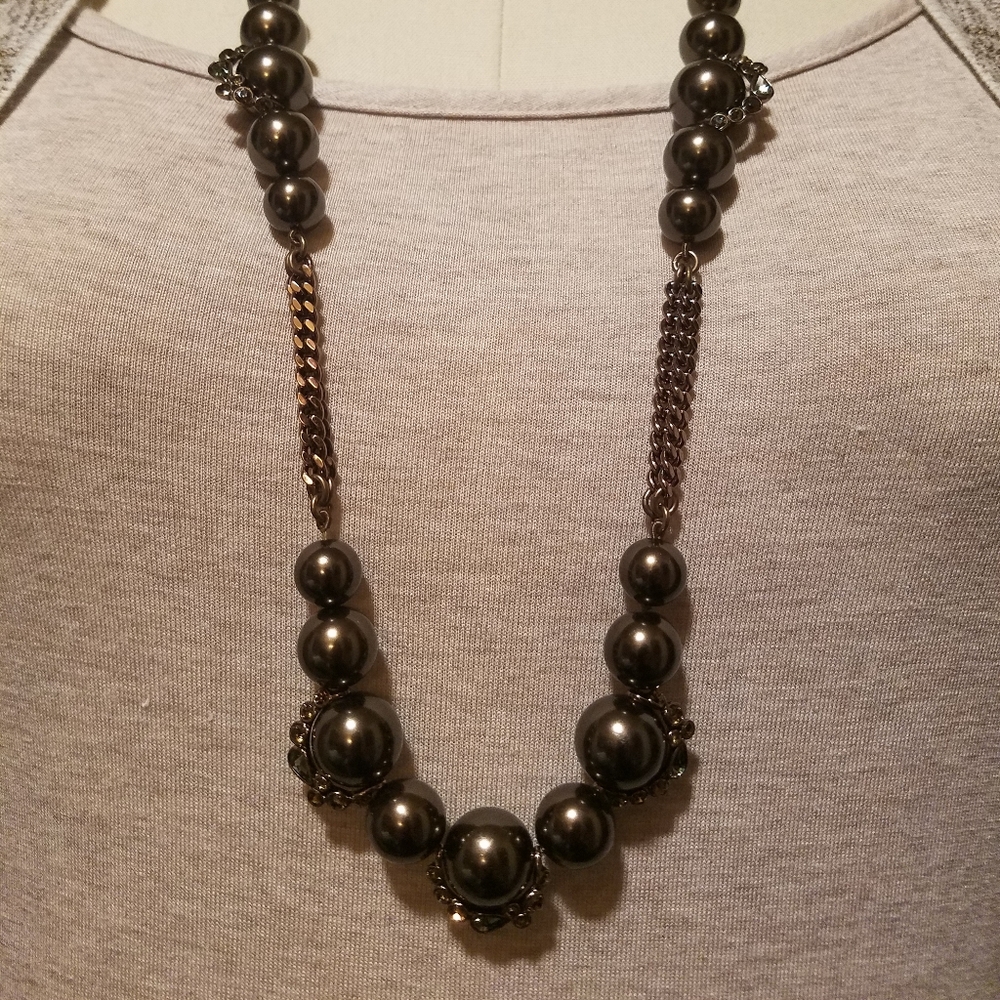 Givenchy Gunmetal Faux Pearl & Swarovski Crystal on Bronze chain Necklace